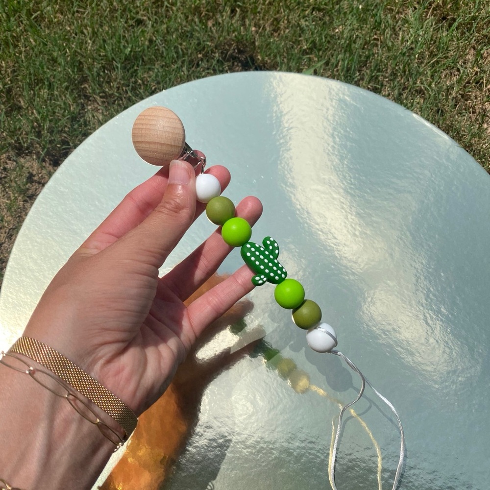 Green and White Beaded Pacifier Clip